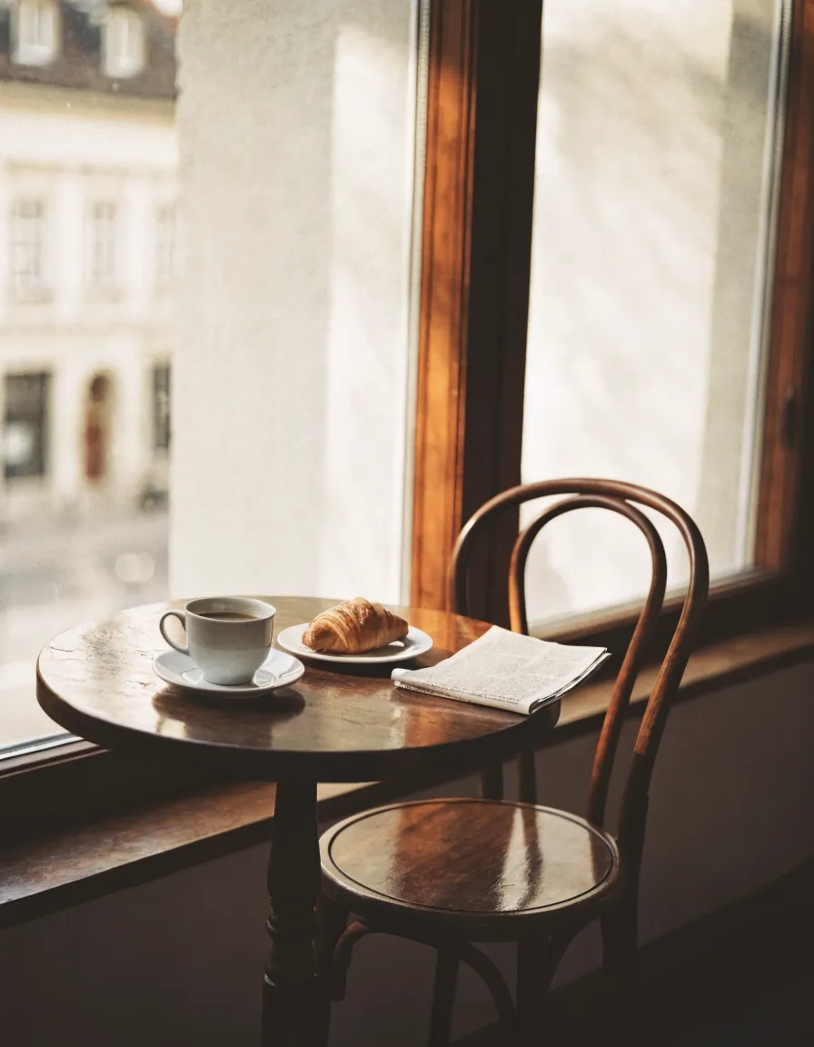 Kleiner runder Holztisch am Fenster mit einer Tasse Kaffee, einem Gipfeli auf dem Teller und einer gefalteten Zeitung, davor ein Bugholzstuhl.