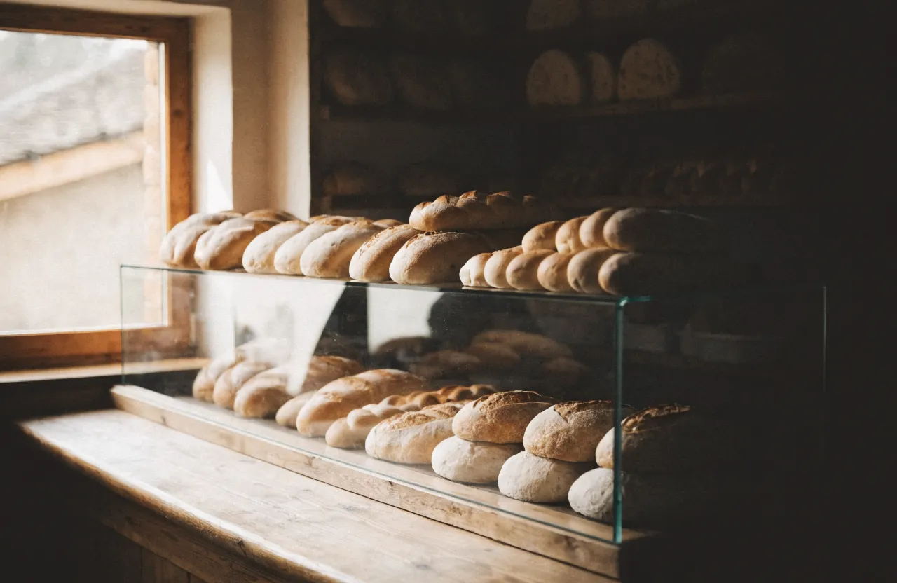 Ladentheke am Morgen: Glasvitrine mit Brötchen und Laiben, dahinter Holzregale voller Brot, Licht durch das Fenster.