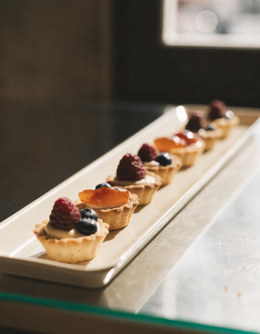 Eine Reihe kleiner Fruchttörtli mit Himbeeren, Heidelbeeren und Aprikosen auf einem cremefarbenen Tablett in der Vitrine.